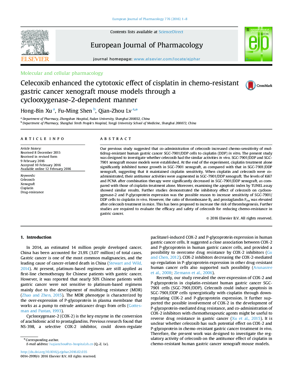 Celecoxib enhanced the cytotoxic effect of cisplatin in chemo-resistant gastric cancer xenograft mouse models through a cyclooxygenase-2-dependent manner