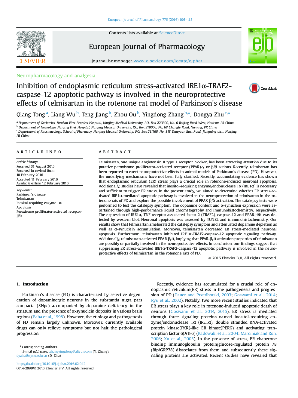 Inhibition of endoplasmic reticulum stress-activated IRE1α-TRAF2-caspase-12 apoptotic pathway is involved in the neuroprotective effects of telmisartan in the rotenone rat model of Parkinson's disease