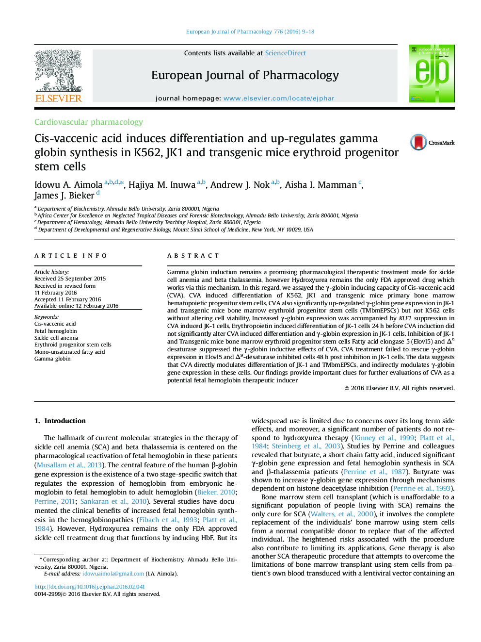 Cis-vaccenic acid induces differentiation and up-regulates gamma globin synthesis in K562, JK1 and transgenic mice erythroid progenitor stem cells