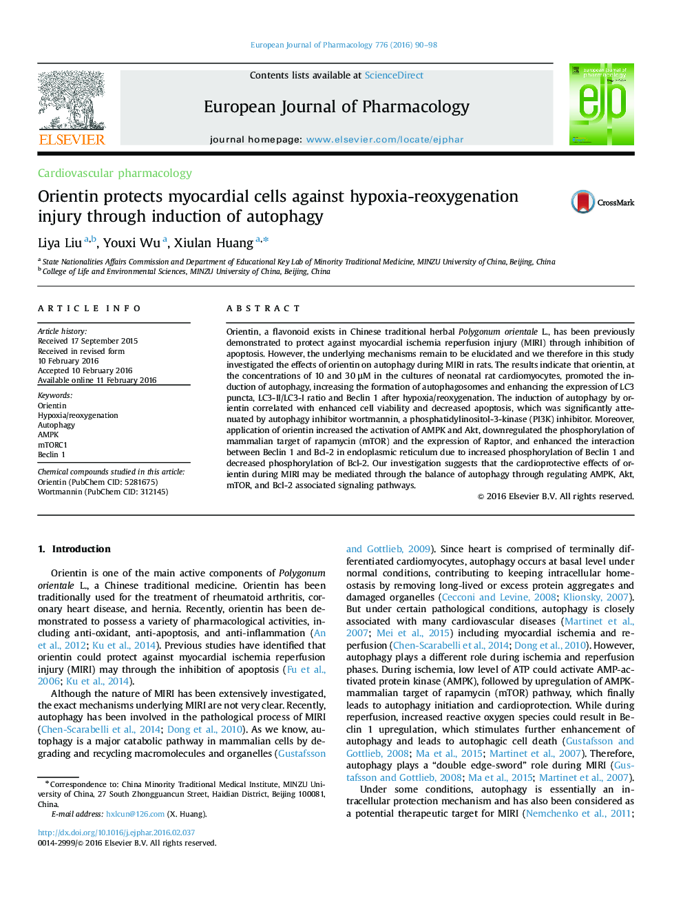 Orientin protects myocardial cells against hypoxia-reoxygenation injury through induction of autophagy