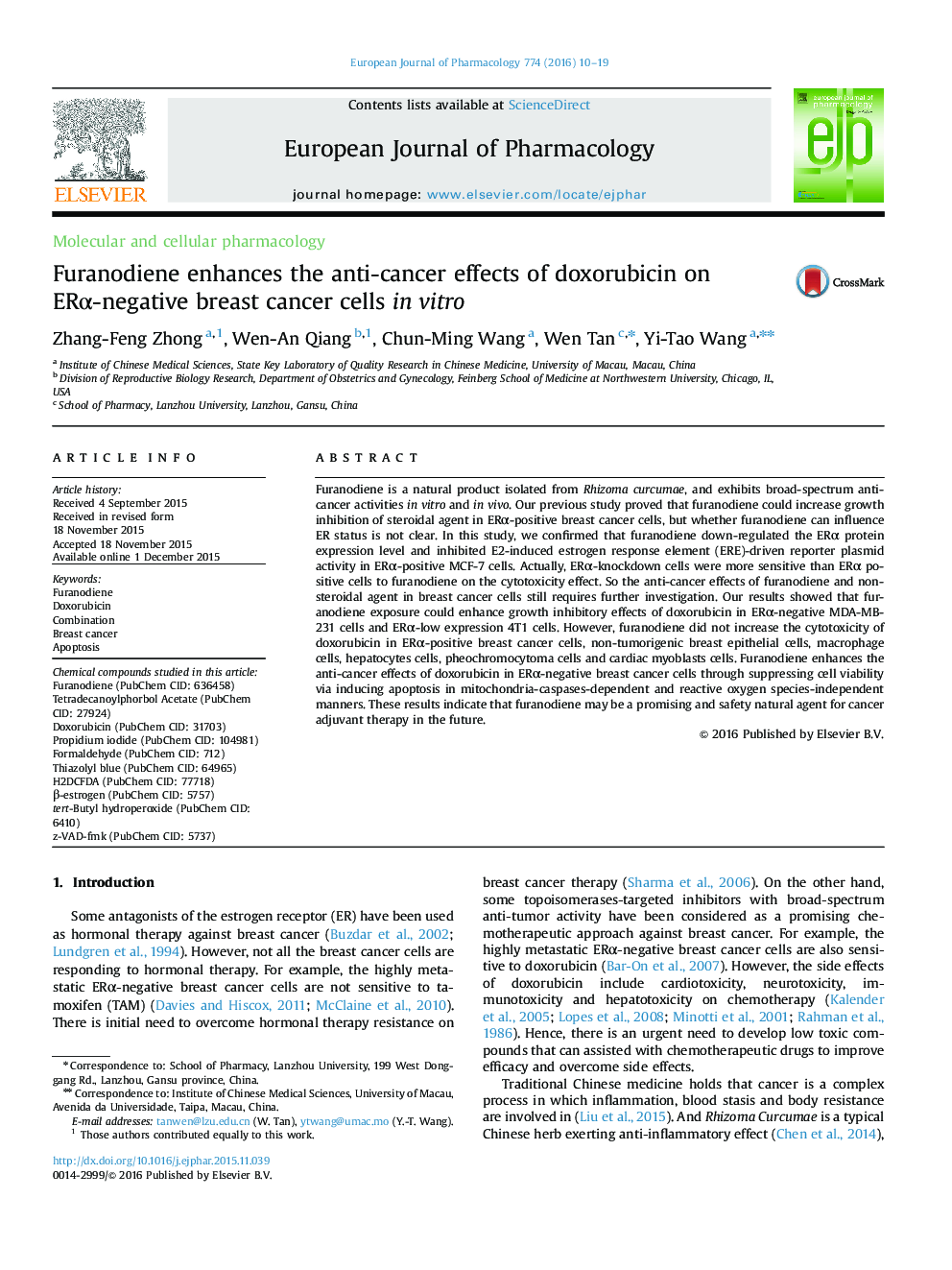 Furanodiene enhances the anti-cancer effects of doxorubicin on ERα-negative breast cancer cells in vitro