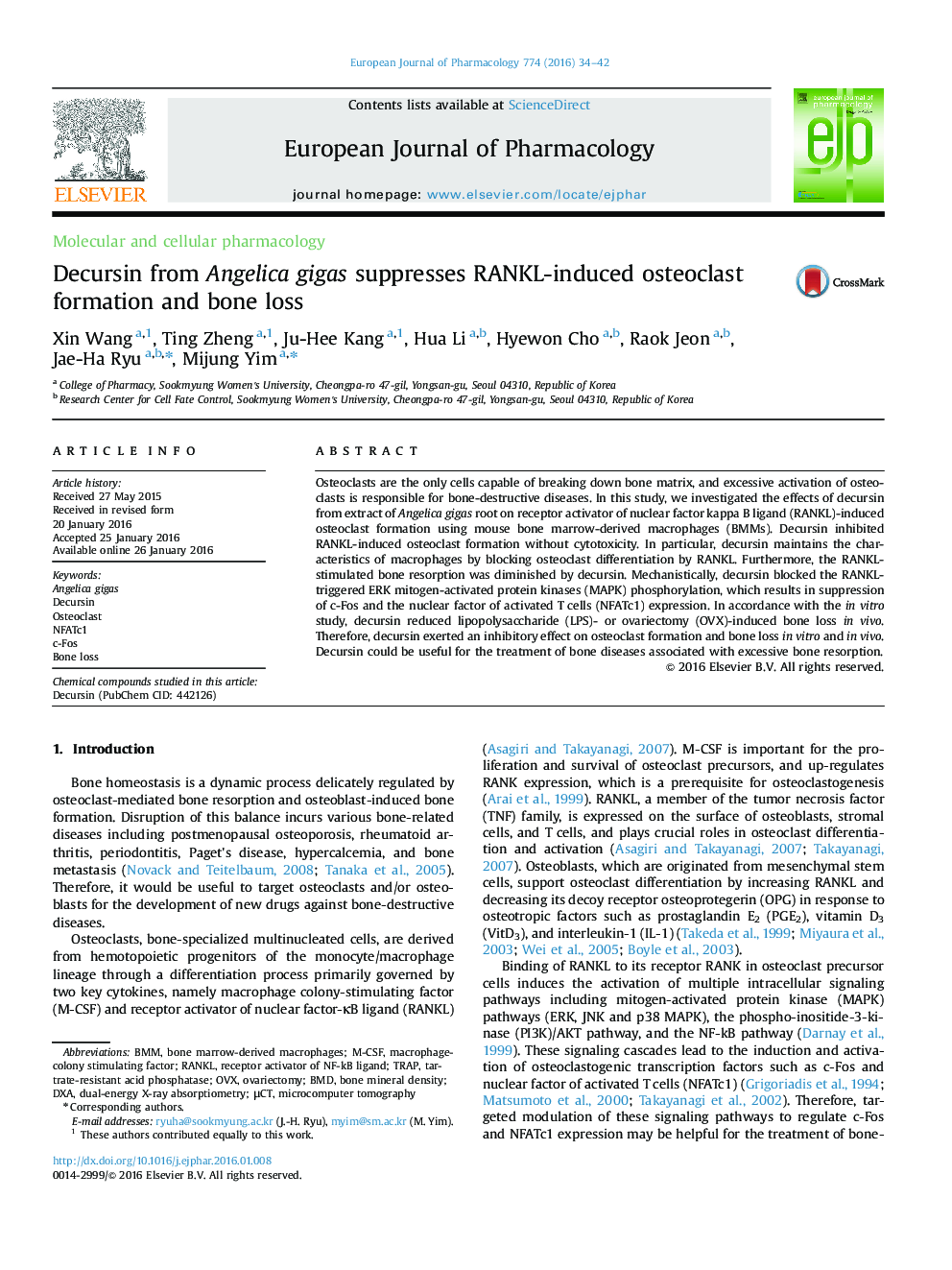 Decursin from Angelica gigas suppresses RANKL-induced osteoclast formation and bone loss