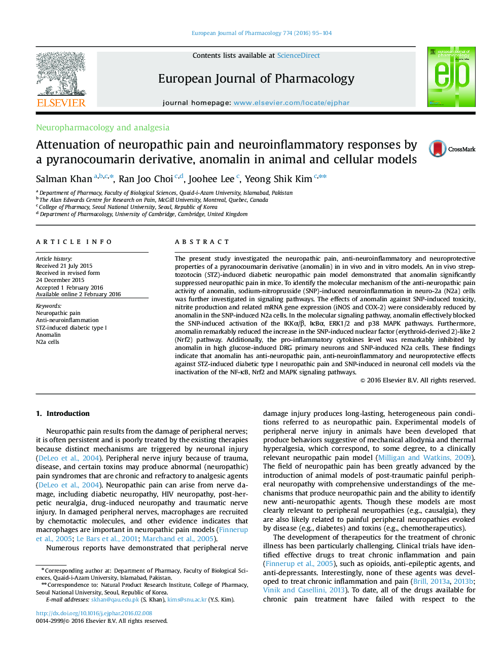 Attenuation of neuropathic pain and neuroinflammatory responses by a pyranocoumarin derivative, anomalin in animal and cellular models