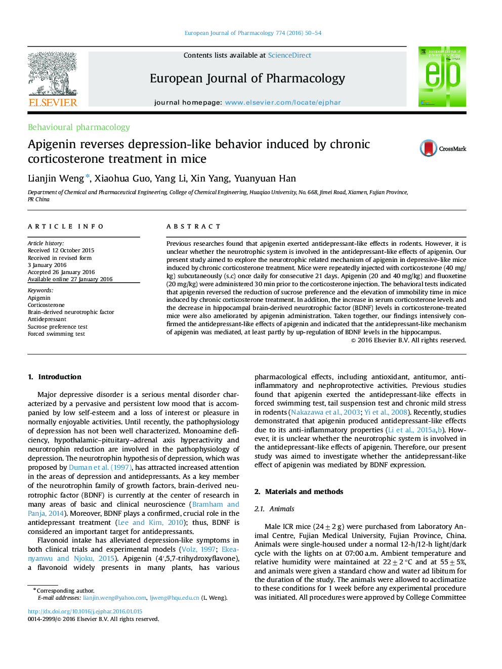 Apigenin reverses depression-like behavior induced by chronic corticosterone treatment in mice