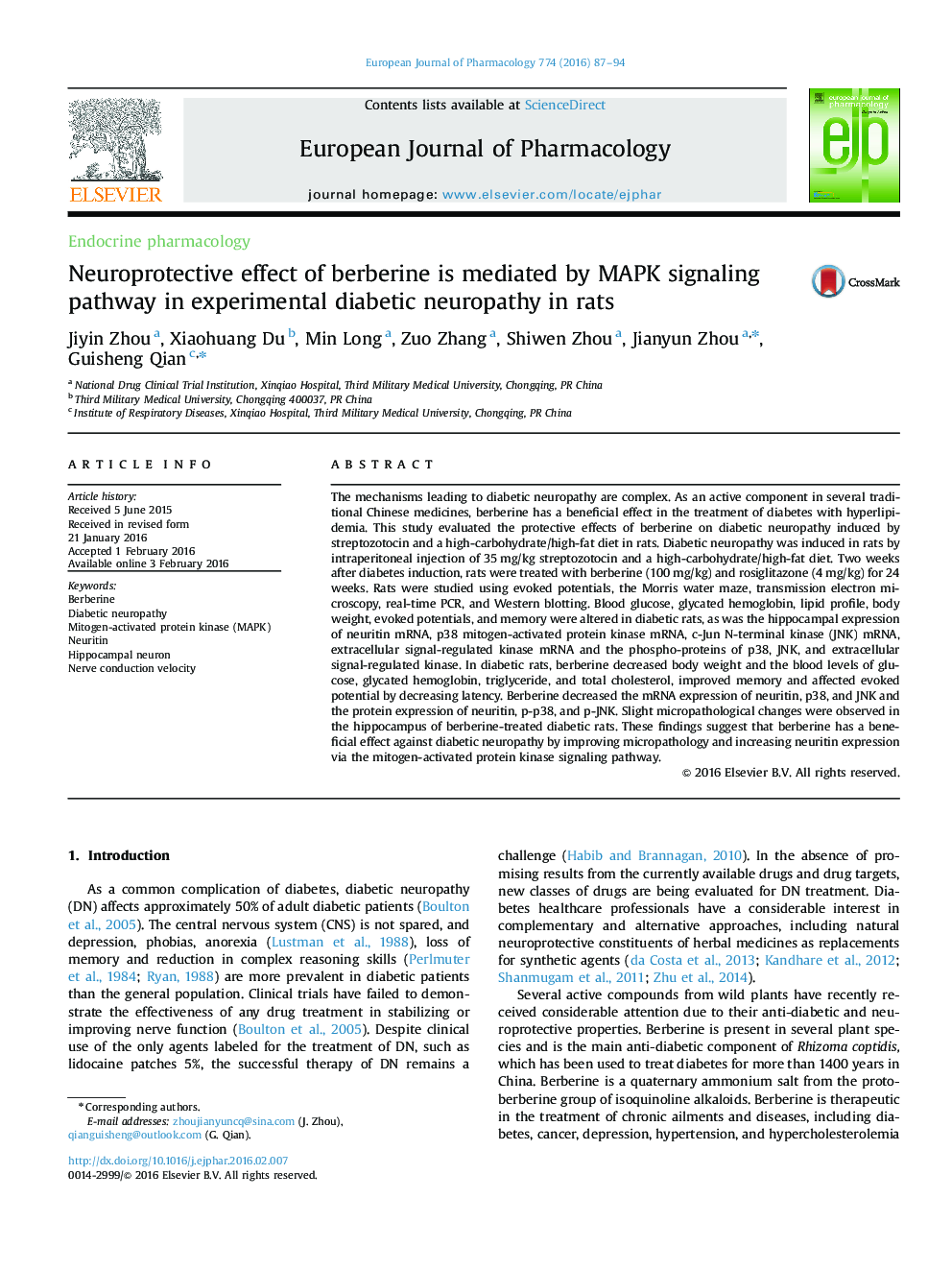 Neuroprotective effect of berberine is mediated by MAPK signaling pathway in experimental diabetic neuropathy in rats