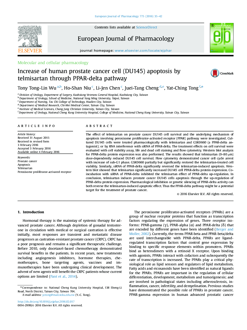 Increase of human prostate cancer cell (DU145) apoptosis by telmisartan through PPAR-delta pathway