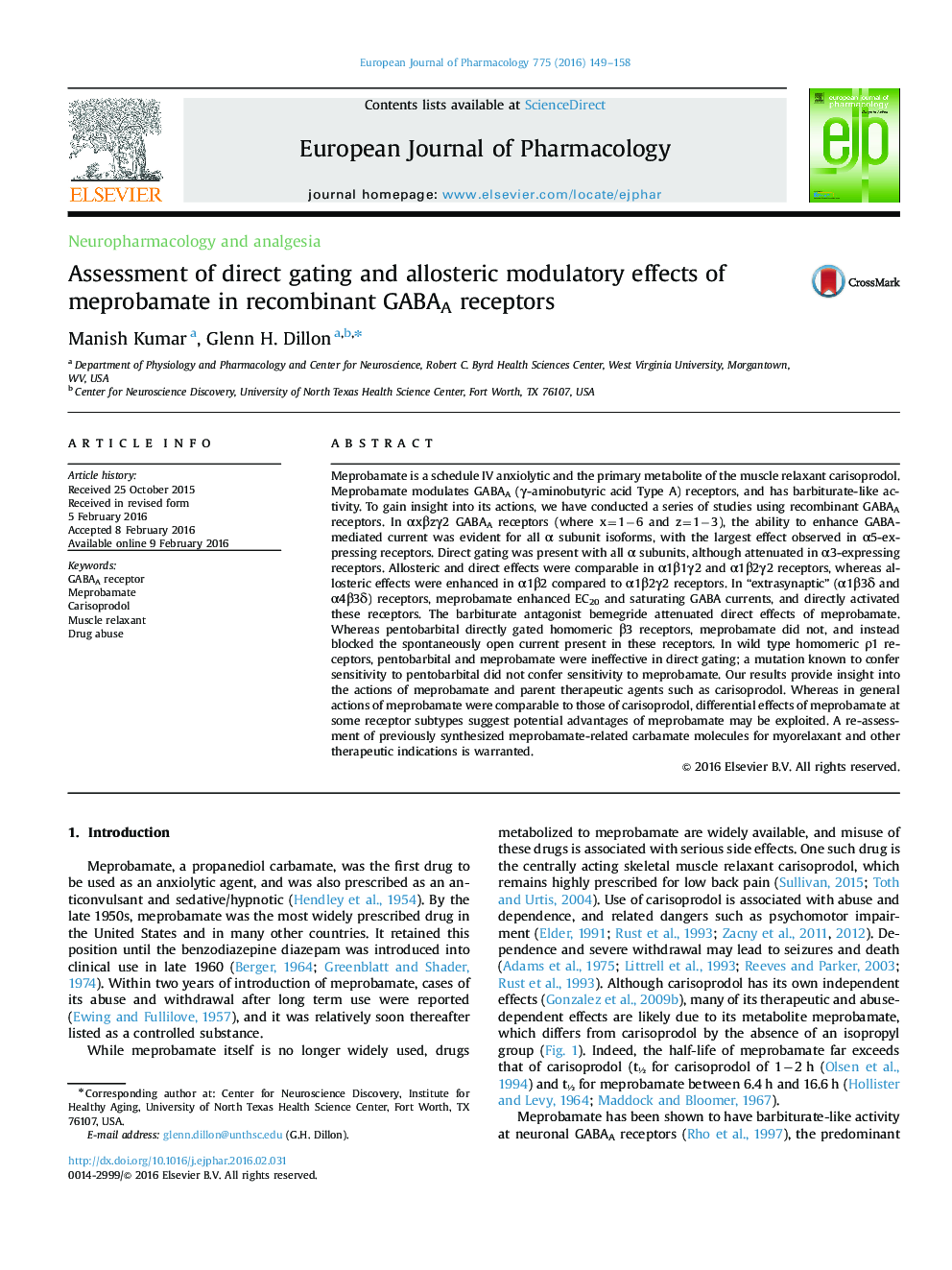 Assessment of direct gating and allosteric modulatory effects of meprobamate in recombinant GABAA receptors