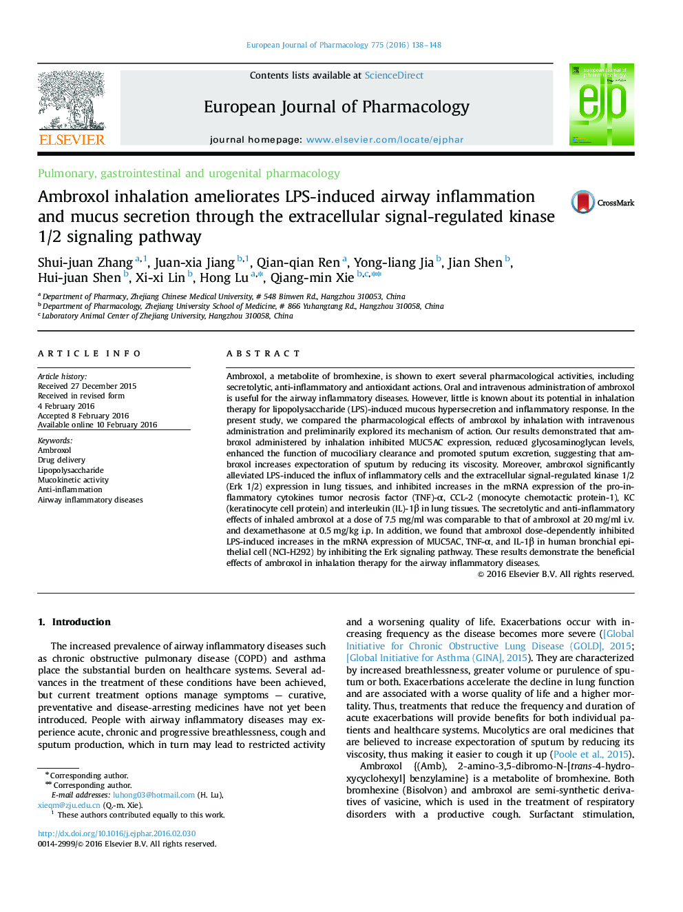 Ambroxol inhalation ameliorates LPS-induced airway inflammation and mucus secretion through the extracellular signal-regulated kinase 1/2 signaling pathway