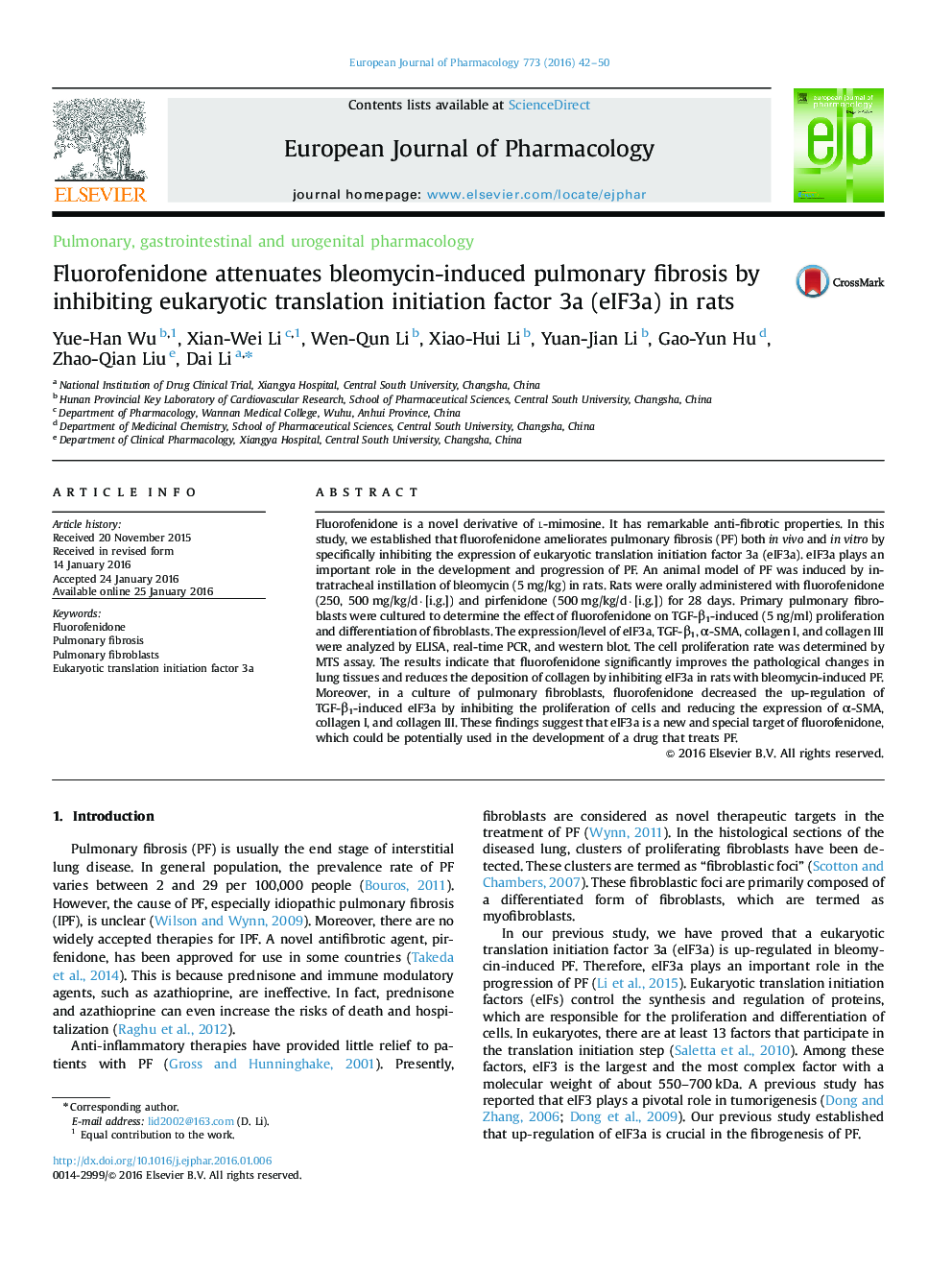 Fluorofenidone attenuates bleomycin-induced pulmonary fibrosis by inhibiting eukaryotic translation initiation factor 3a (eIF3a) in rats