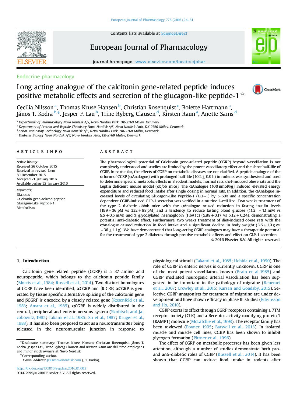 Long acting analogue of the calcitonin gene-related peptide induces positive metabolic effects and secretion of the glucagon-like peptide-1 