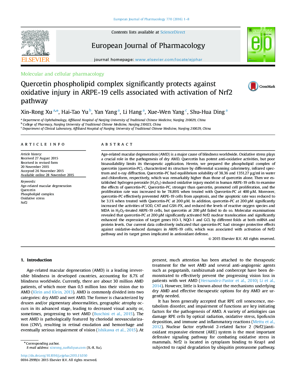 Quercetin phospholipid complex significantly protects against oxidative injury in ARPE-19 cells associated with activation of Nrf2 pathway