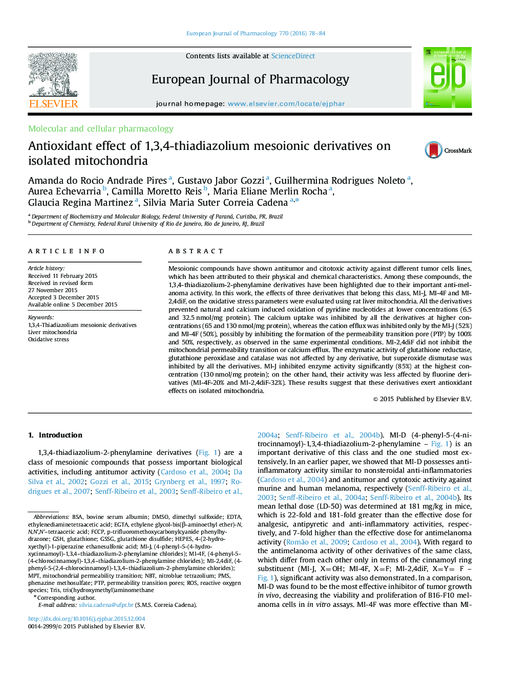 Antioxidant effect of 1,3,4-thiadiazolium mesoionic derivatives on isolated mitochondria