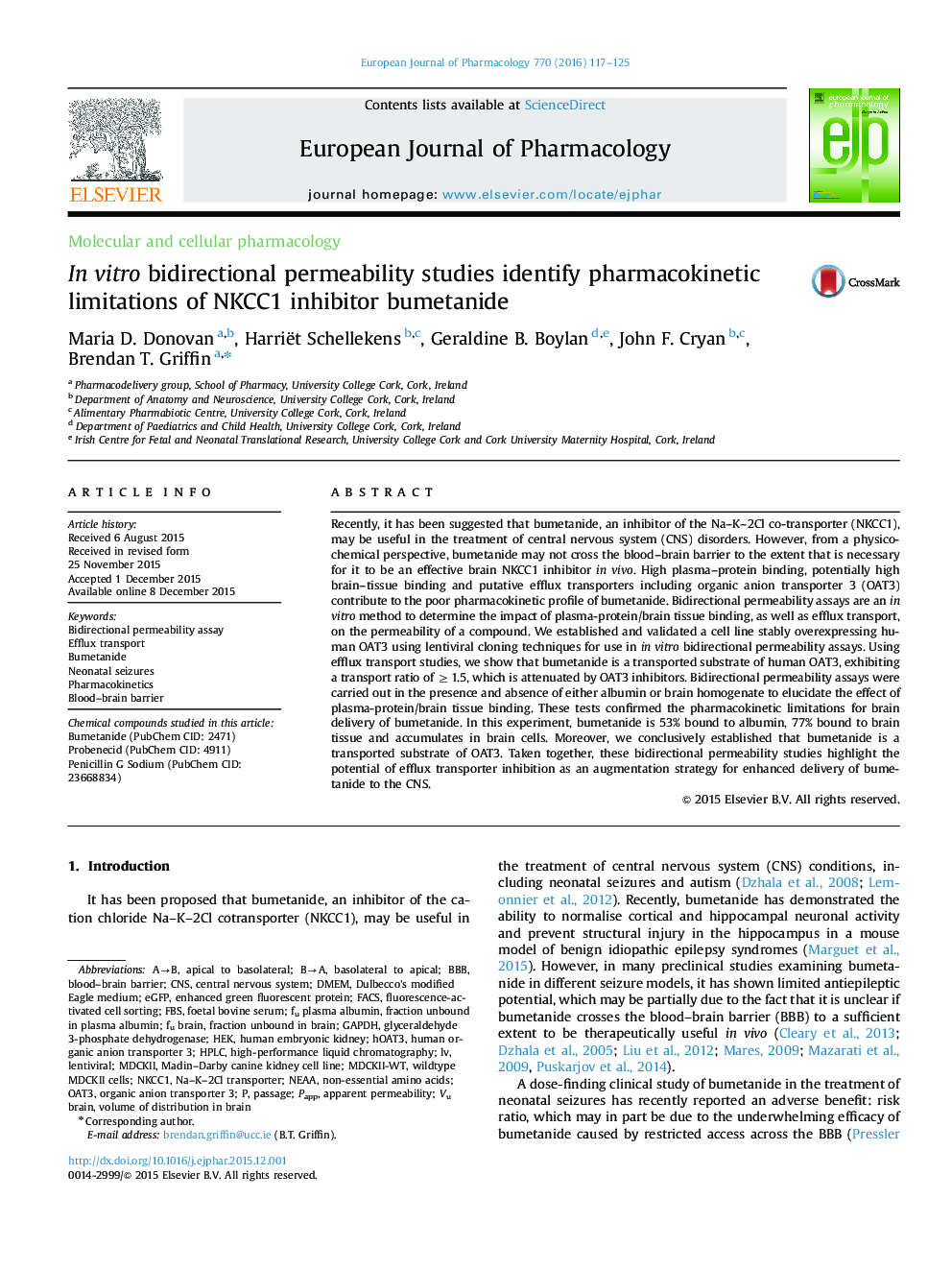 In vitro bidirectional permeability studies identify pharmacokinetic limitations of NKCC1 inhibitor bumetanide