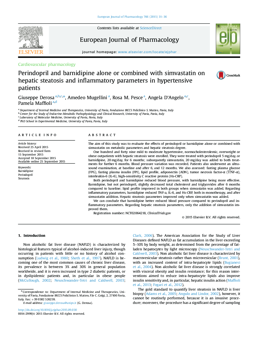 Perindopril and barnidipine alone or combined with simvastatin on hepatic steatosis and inflammatory parameters in hypertensive patients