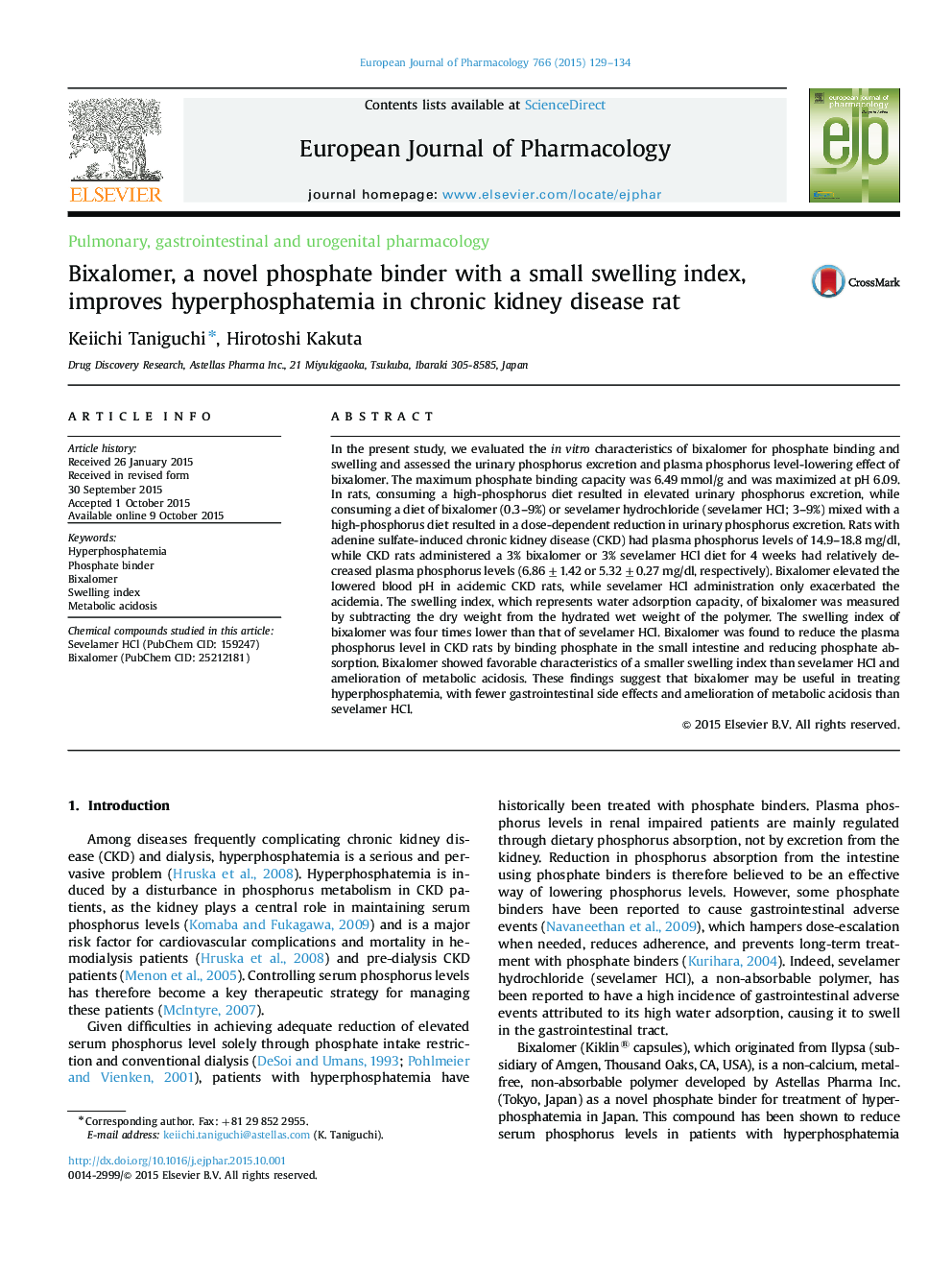 Bixalomer, a novel phosphate binder with a small swelling index, improves hyperphosphatemia in chronic kidney disease rat