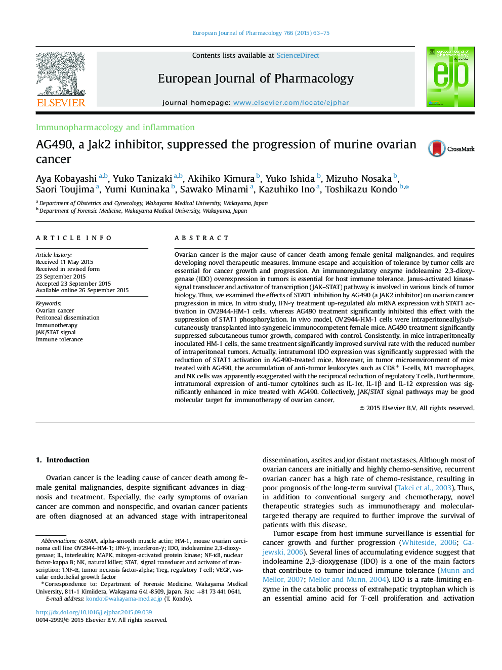 AG490, a Jak2 inhibitor, suppressed the progression of murine ovarian cancer