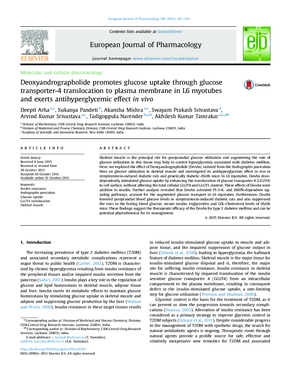 Deoxyandrographolide promotes glucose uptake through glucose transporter-4 translocation to plasma membrane in L6 myotubes and exerts antihyperglycemic effect in vivo