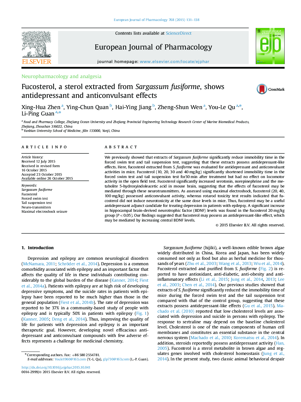 Fucosterol, a sterol extracted from Sargassum fusiforme, shows antidepressant and anticonvulsant effects