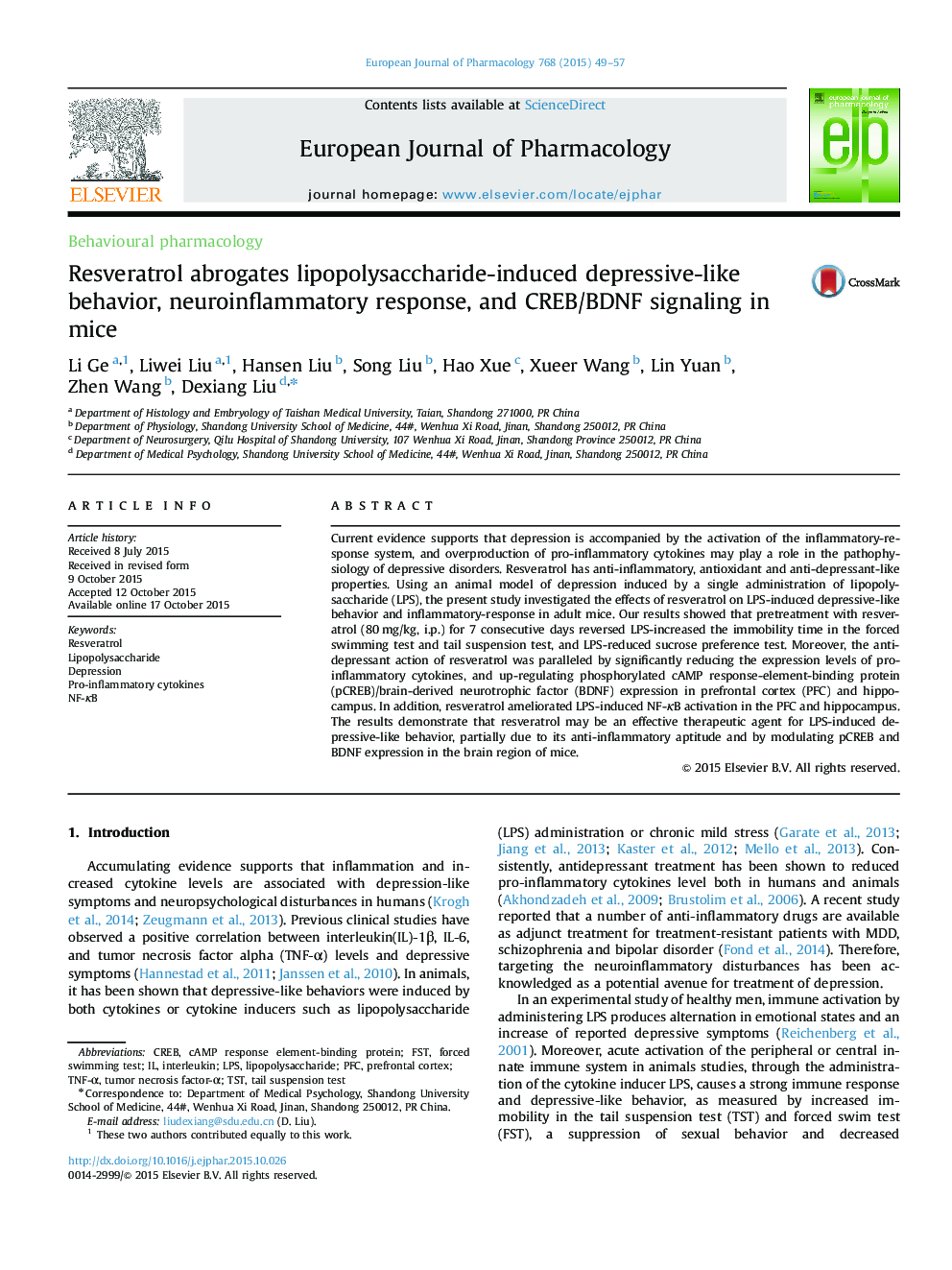 Resveratrol abrogates lipopolysaccharide-induced depressive-like behavior, neuroinflammatory response, and CREB/BDNF signaling in mice