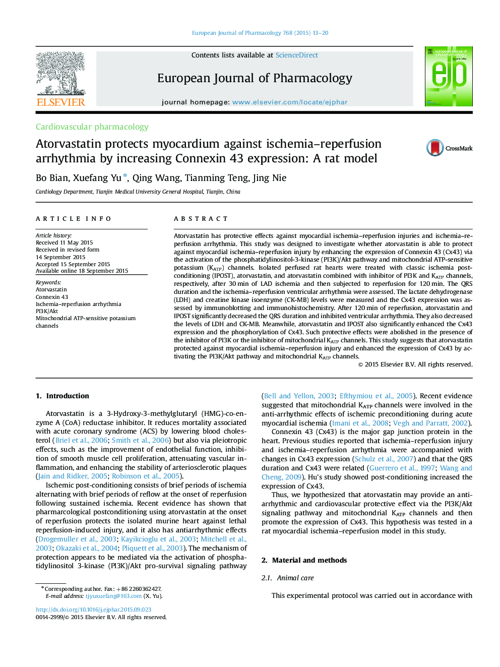 Atorvastatin protects myocardium against ischemia–reperfusion arrhythmia by increasing Connexin 43 expression: A rat model