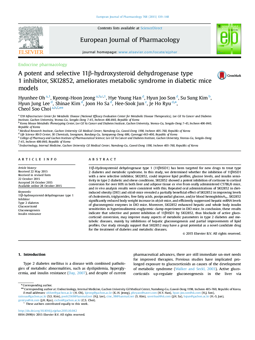 A potent and selective 11β-hydroxysteroid dehydrogenase type 1 inhibitor, SKI2852, ameliorates metabolic syndrome in diabetic mice models