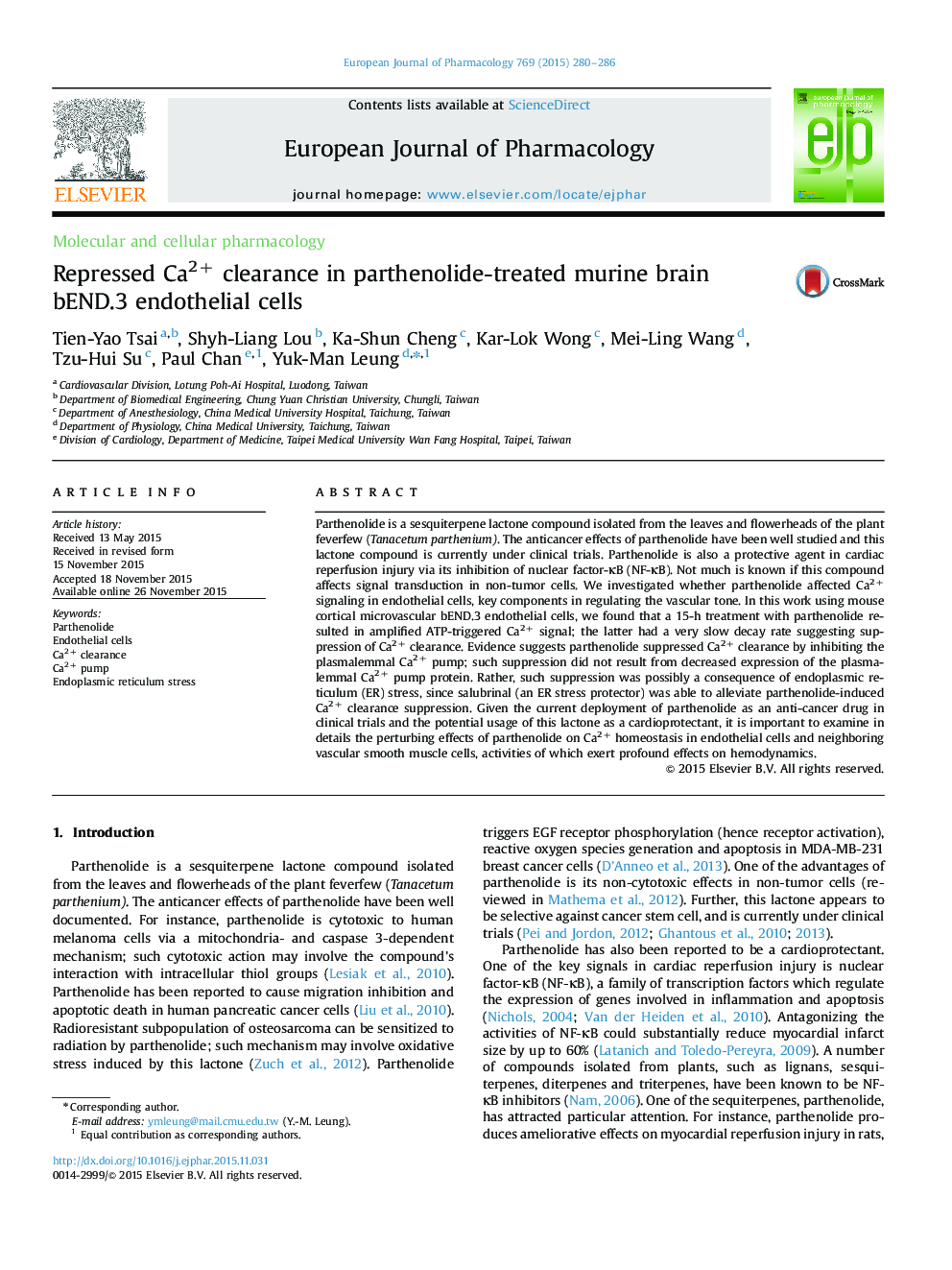 Repressed Ca2+ clearance in parthenolide-treated murine brain bEND.3 endothelial cells