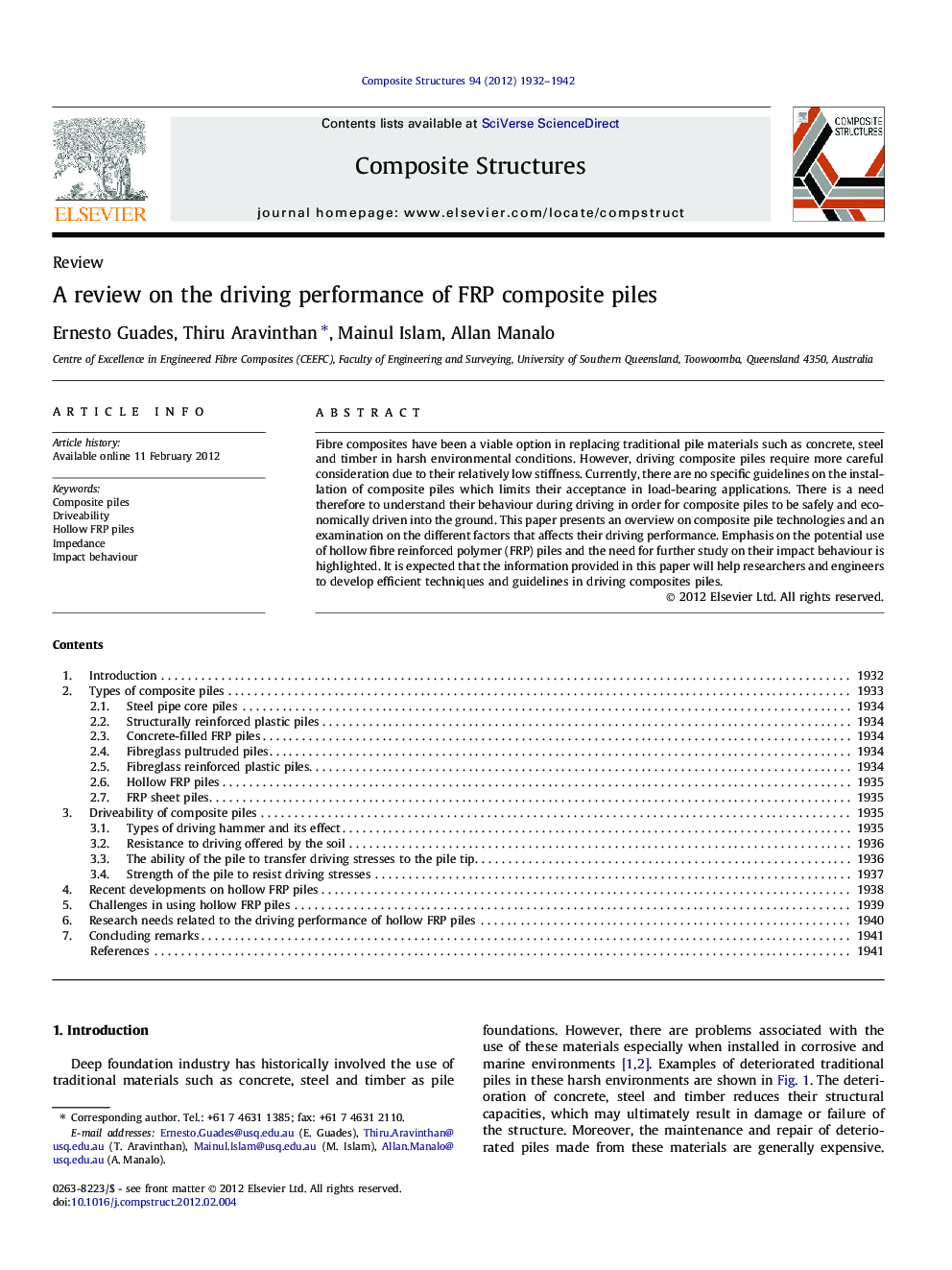 A review on the driving performance of FRP composite piles