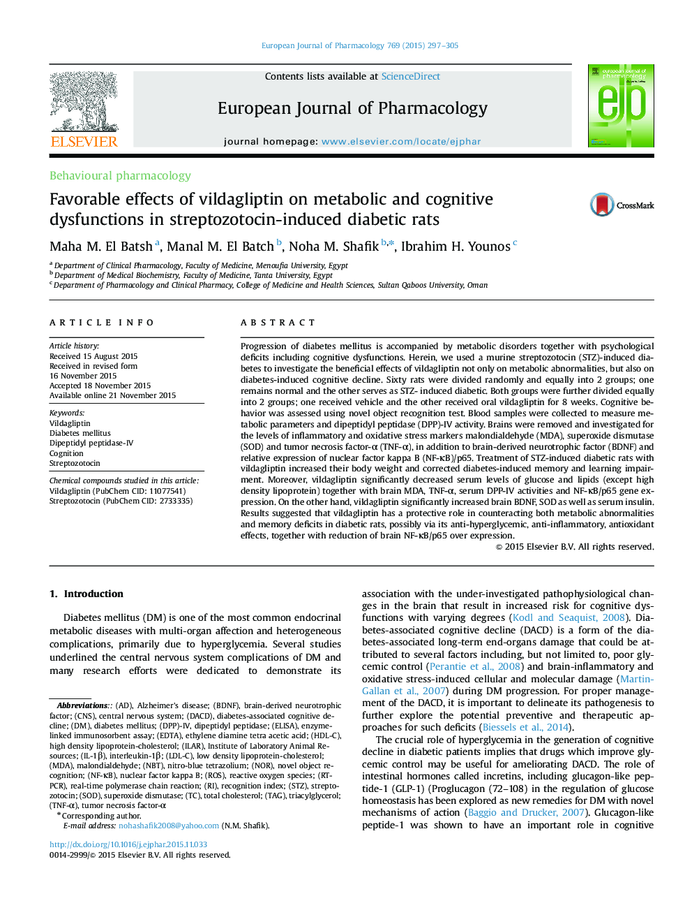 اثرات سودمند ویلداگلیپتین بر اختلالات متابولیکی و شناختی در موش های صحرایی دیابتی ناشی از استرپتوزوتوسین 