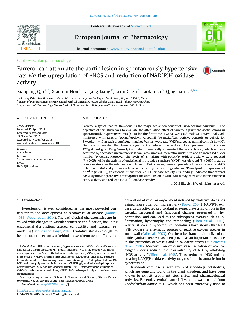 Farrerol can attenuate the aortic lesion in spontaneously hypertensive rats via the upregulation of eNOS and reduction of NAD(P)H oxidase activity