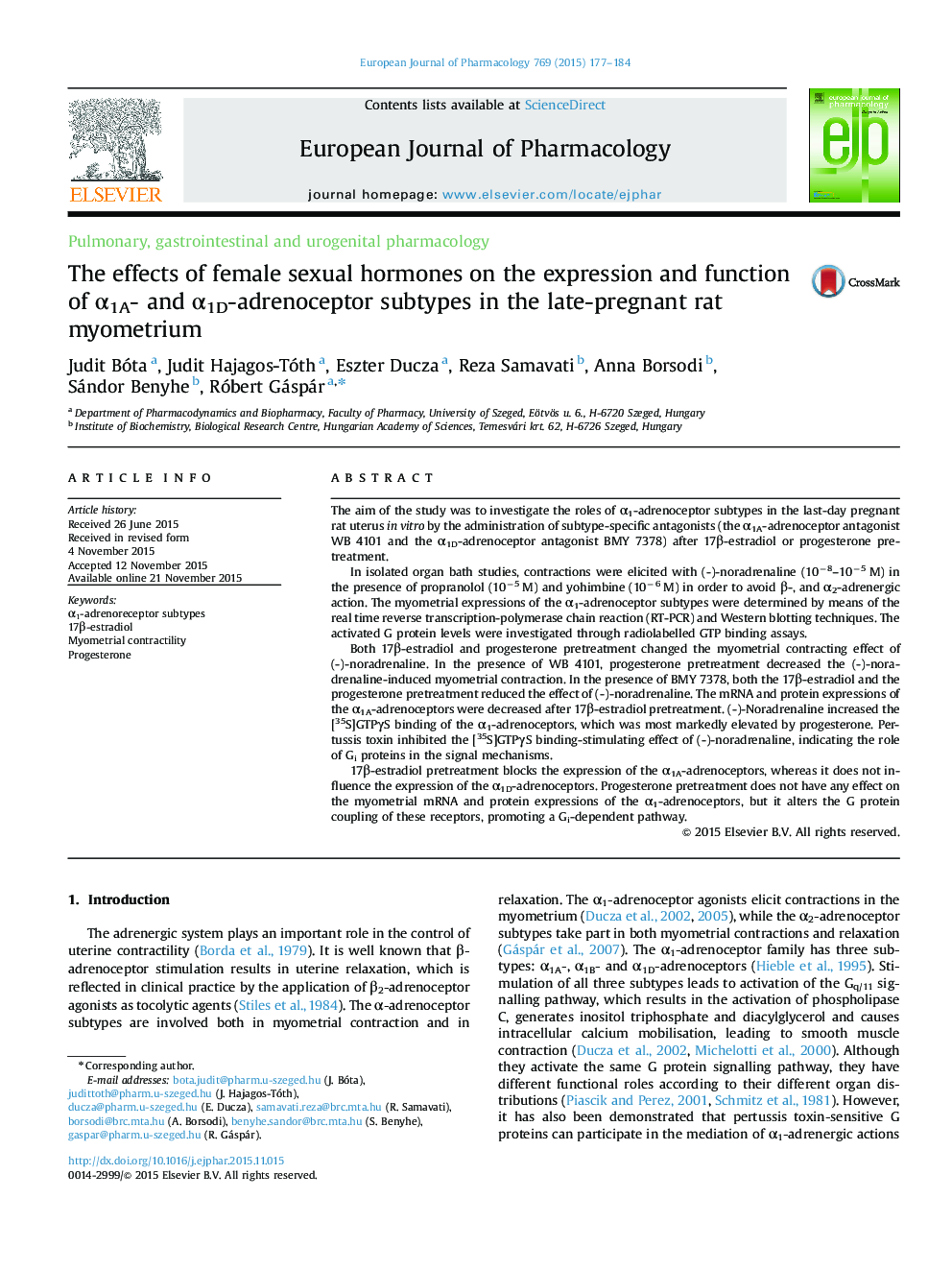 The effects of female sexual hormones on the expression and function of α1A- and α1D-adrenoceptor subtypes in the late-pregnant rat myometrium