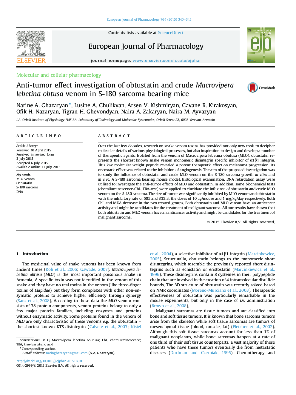 Anti-tumor effect investigation of obtustatin and crude Macrovipera lebetina obtusa venom in S-180 sarcoma bearing mice