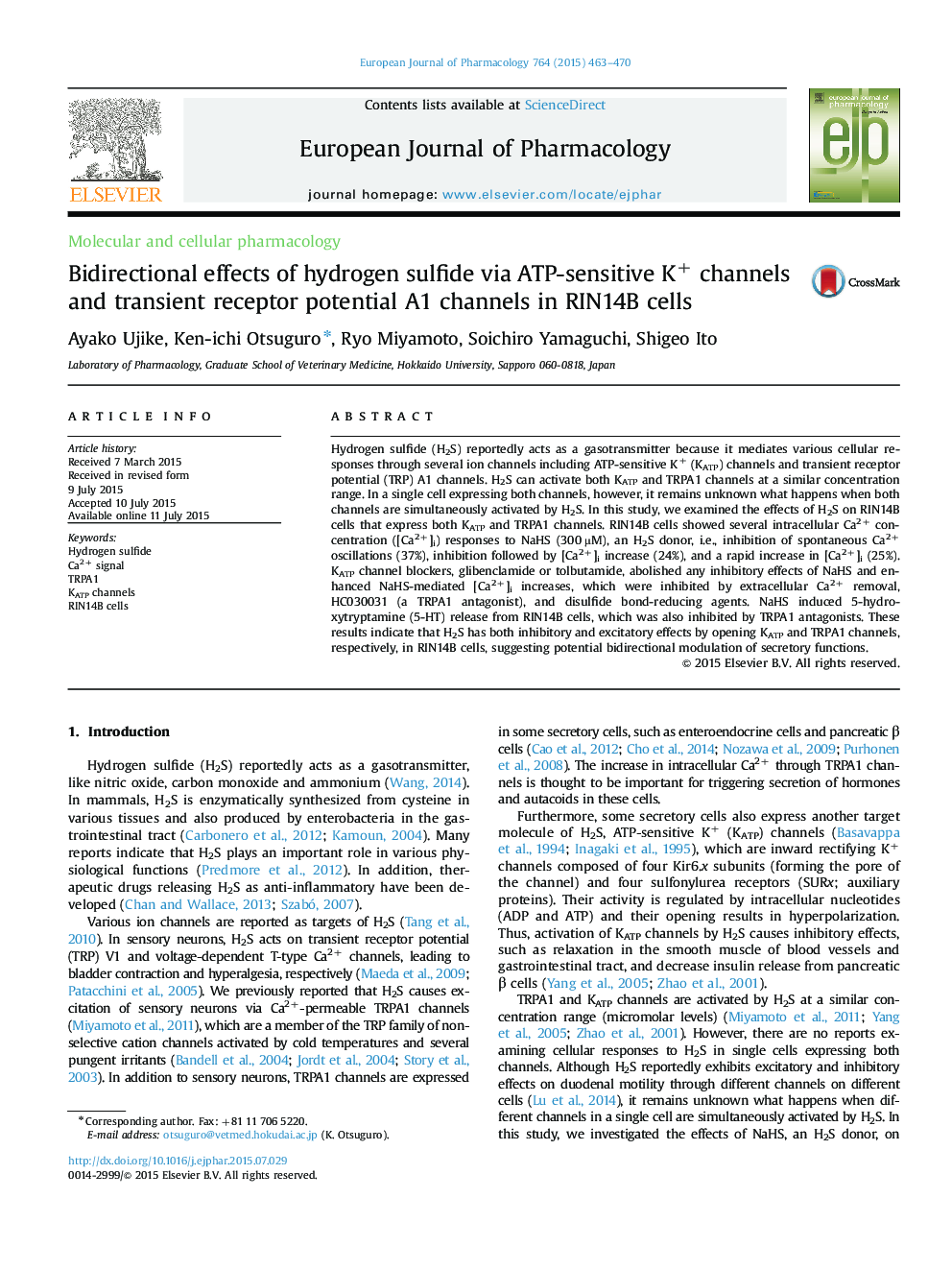 Bidirectional effects of hydrogen sulfide via ATP-sensitive K+ channels and transient receptor potential A1 channels in RIN14B cells