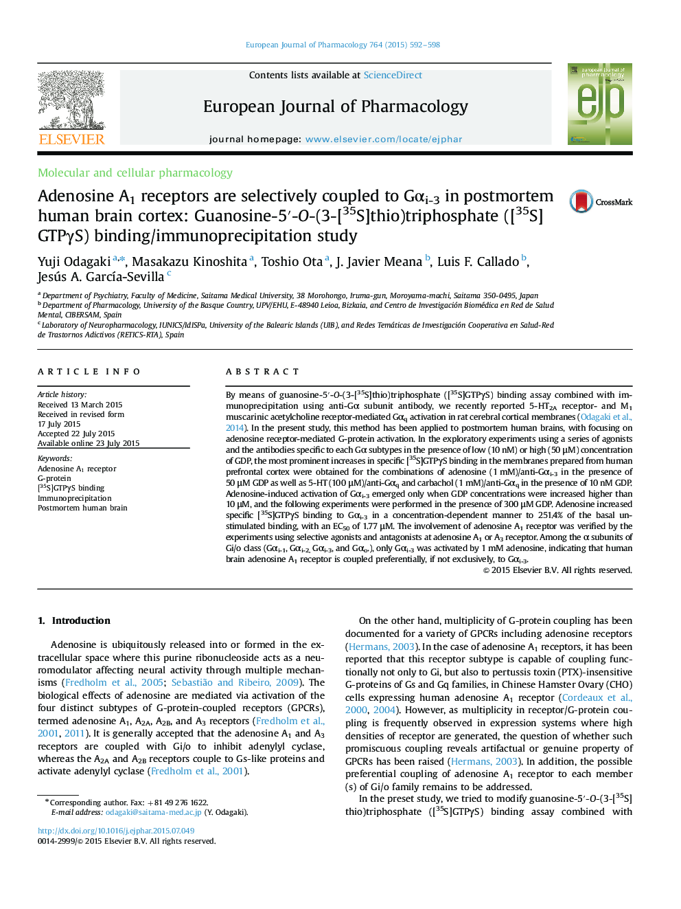 Adenosine A1 receptors are selectively coupled to Gαi-3 in postmortem human brain cortex: Guanosine-5′-O-(3-[35S]thio)triphosphate ([35S]GTPγS) binding/immunoprecipitation study