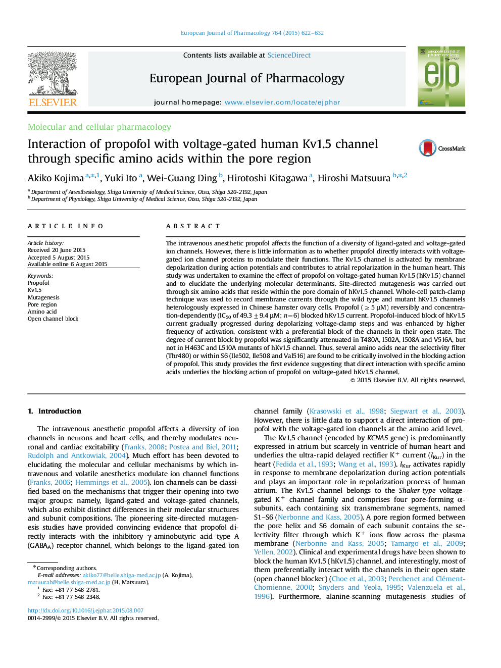 Interaction of propofol with voltage-gated human Kv1.5 channel through specific amino acids within the pore region