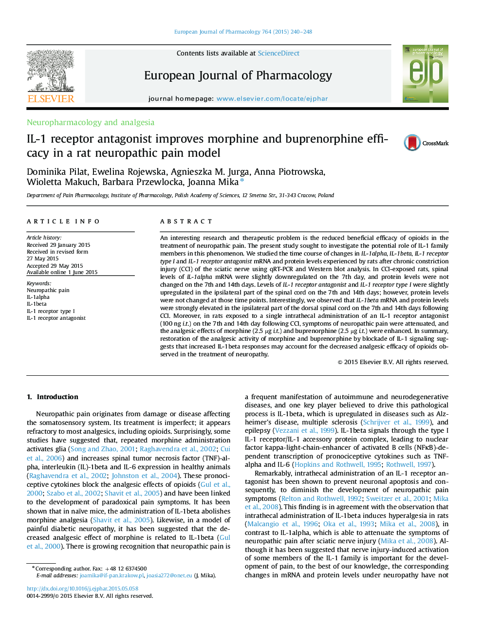 IL-1 receptor antagonist improves morphine and buprenorphine efficacy in a rat neuropathic pain model