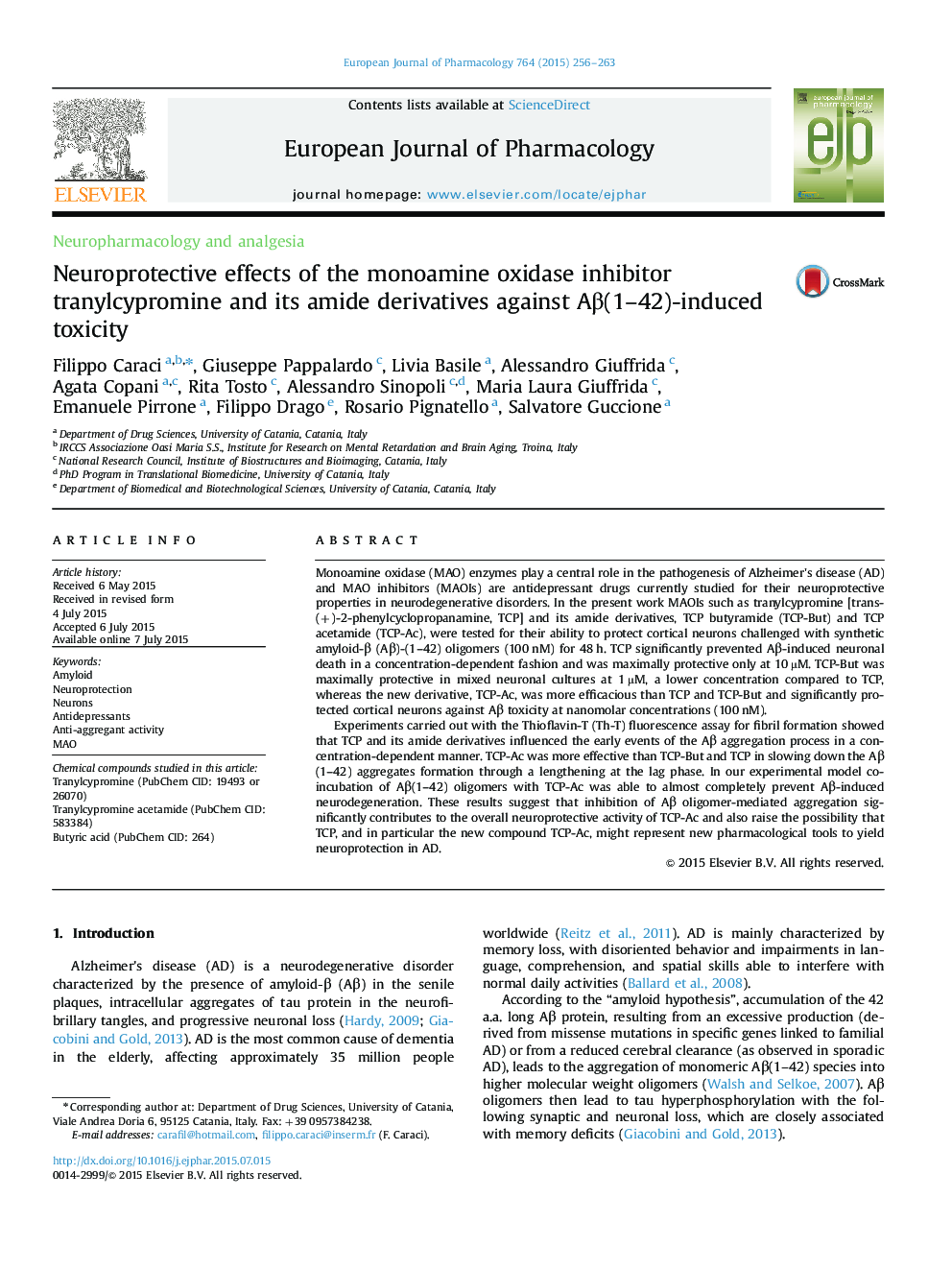 Neuroprotective effects of the monoamine oxidase inhibitor tranylcypromine and its amide derivatives against Aβ(1–42)-induced toxicity