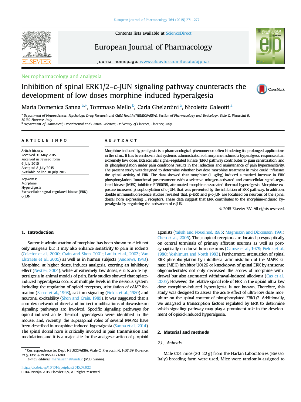 Inhibition of spinal ERK1/2–c-JUN signaling pathway counteracts the development of low doses morphine-induced hyperalgesia