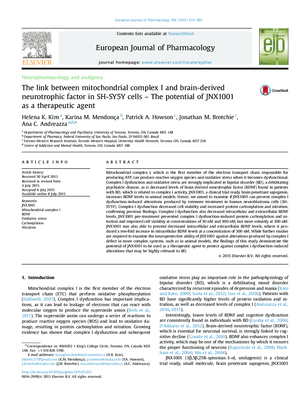 The link between mitochondrial complex I and brain-derived neurotrophic factor in SH-SY5Y cells – The potential of JNX1001 as a therapeutic agent