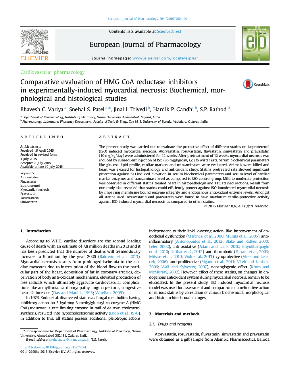 عکس صفحه اول مقاله: Comparative evaluation of HMG CoA reductase inhibitors in experimentally-induced myocardial necrosis: Biochemical, morphological and histological studies Comparative evaluation of HMG CoA reductase inhibitors in experimentally-induced myocardial necrosis: Biochemical, morphological and histological studies