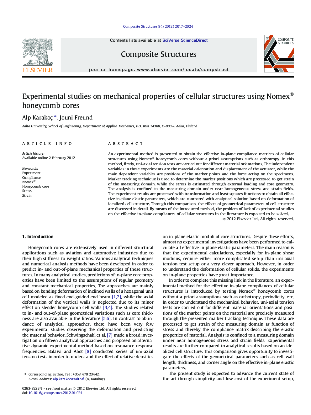 Experimental studies on mechanical properties of cellular structures using Nomex® honeycomb cores