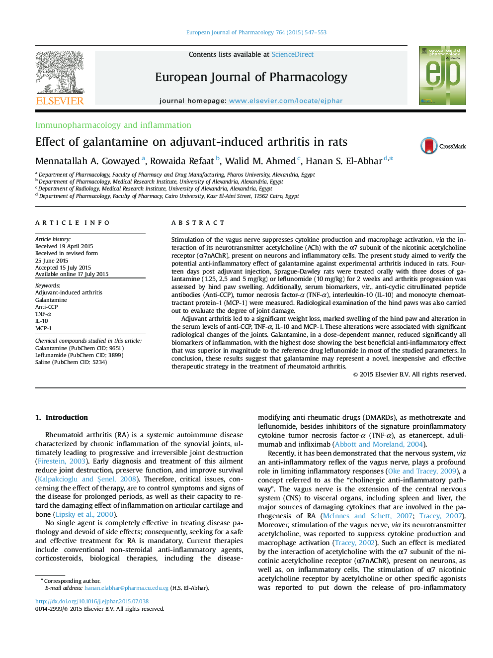 Effect of galantamine on adjuvant-induced arthritis in rats