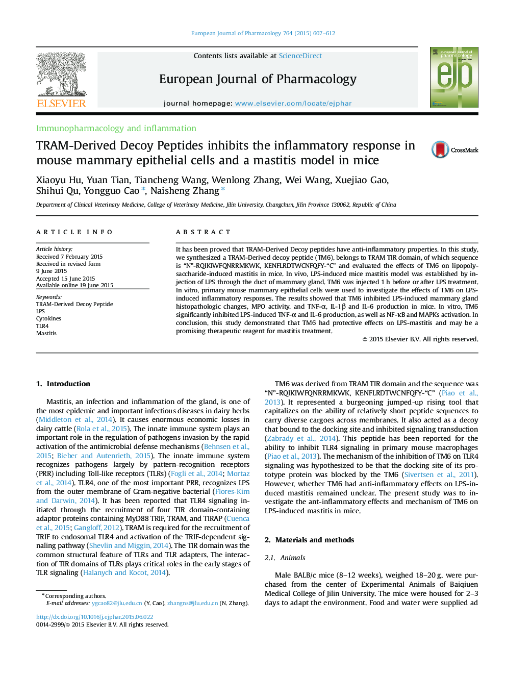 TRAM-Derived Decoy Peptides inhibits the inflammatory response in mouse mammary epithelial cells and a mastitis model in mice