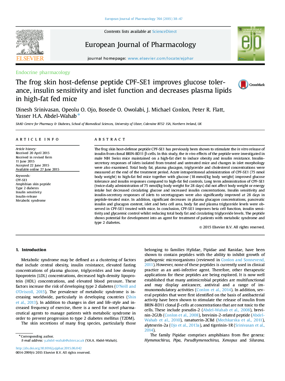 The frog skin host-defense peptide CPF-SE1 improves glucose tolerance, insulin sensitivity and islet function and decreases plasma lipids in high-fat fed mice