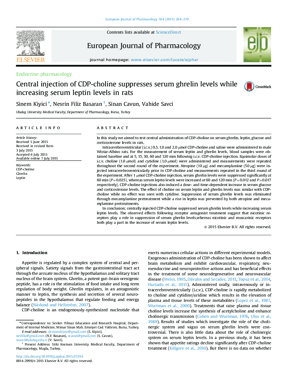 Central injection of CDP-choline suppresses serum ghrelin levels while increasing serum leptin levels in rats