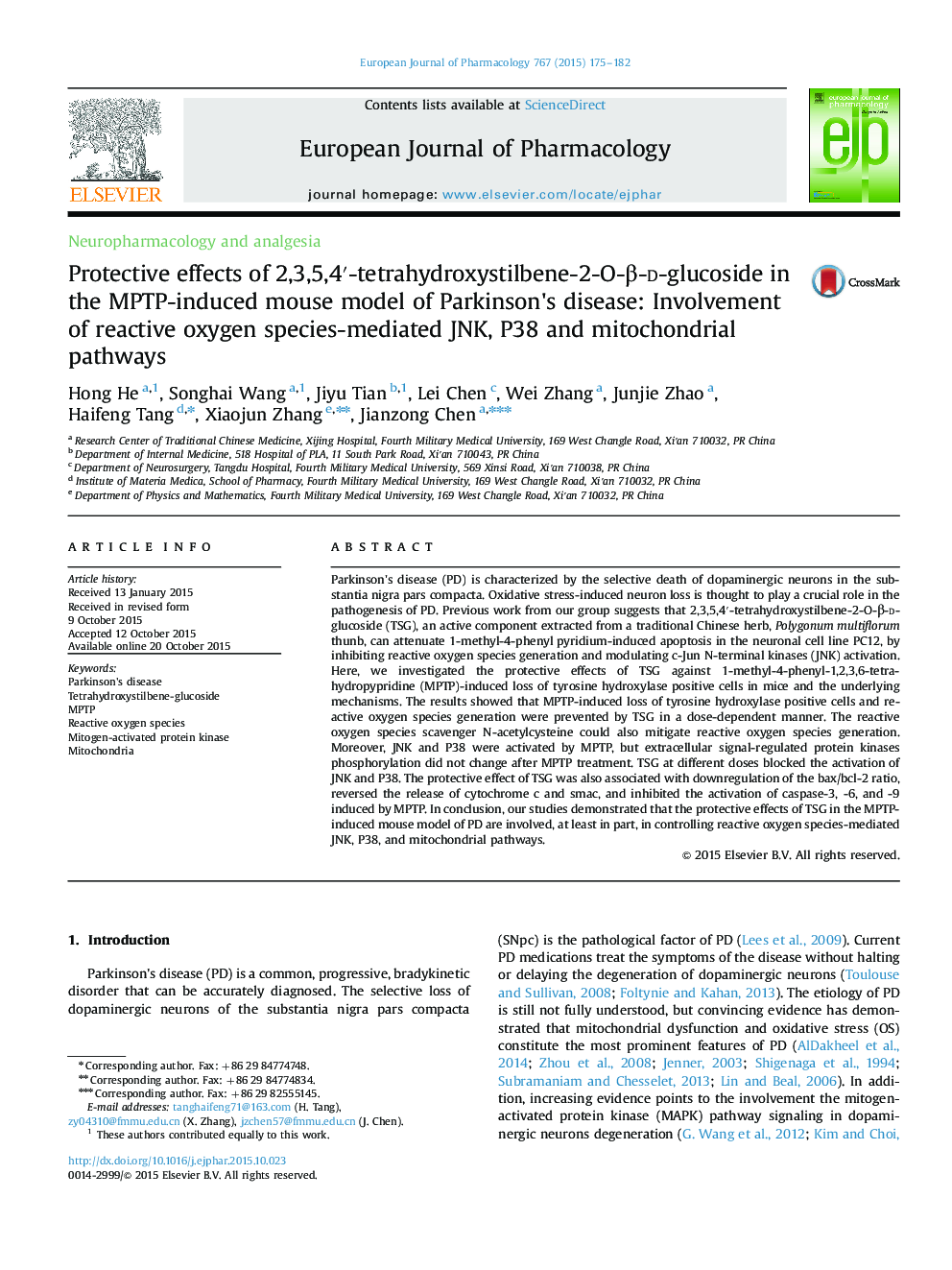 Protective effects of 2,3,5,4′-tetrahydroxystilbene-2-O-β-d-glucoside in the MPTP-induced mouse model of Parkinson's disease: Involvement of reactive oxygen species-mediated JNK, P38 and mitochondrial pathways