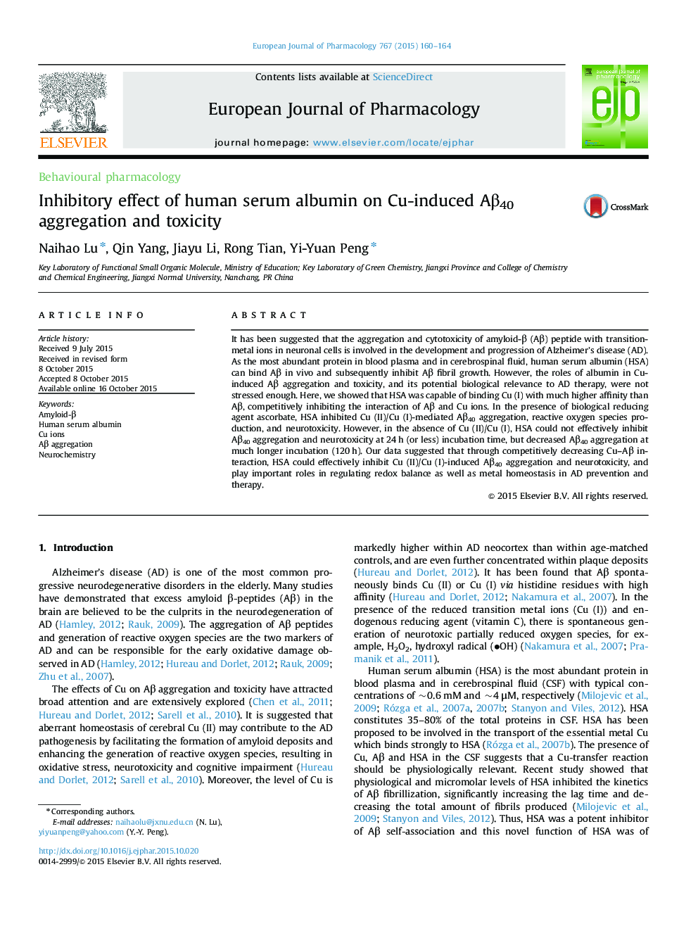 Inhibitory effect of human serum albumin on Cu-induced Aβ40 aggregation and toxicity