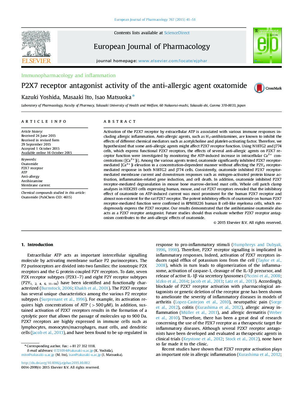 P2X7 receptor antagonist activity of the anti-allergic agent oxatomide