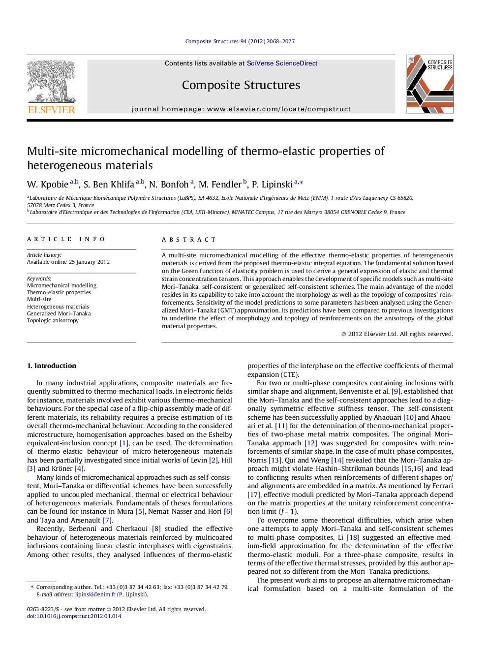 عکس صفحه اول مقاله: Multi-site micromechanical modelling of thermo-elastic properties of heterogeneous materials Multi-site micromechanical modelling of thermo-elastic properties of heterogeneous materials