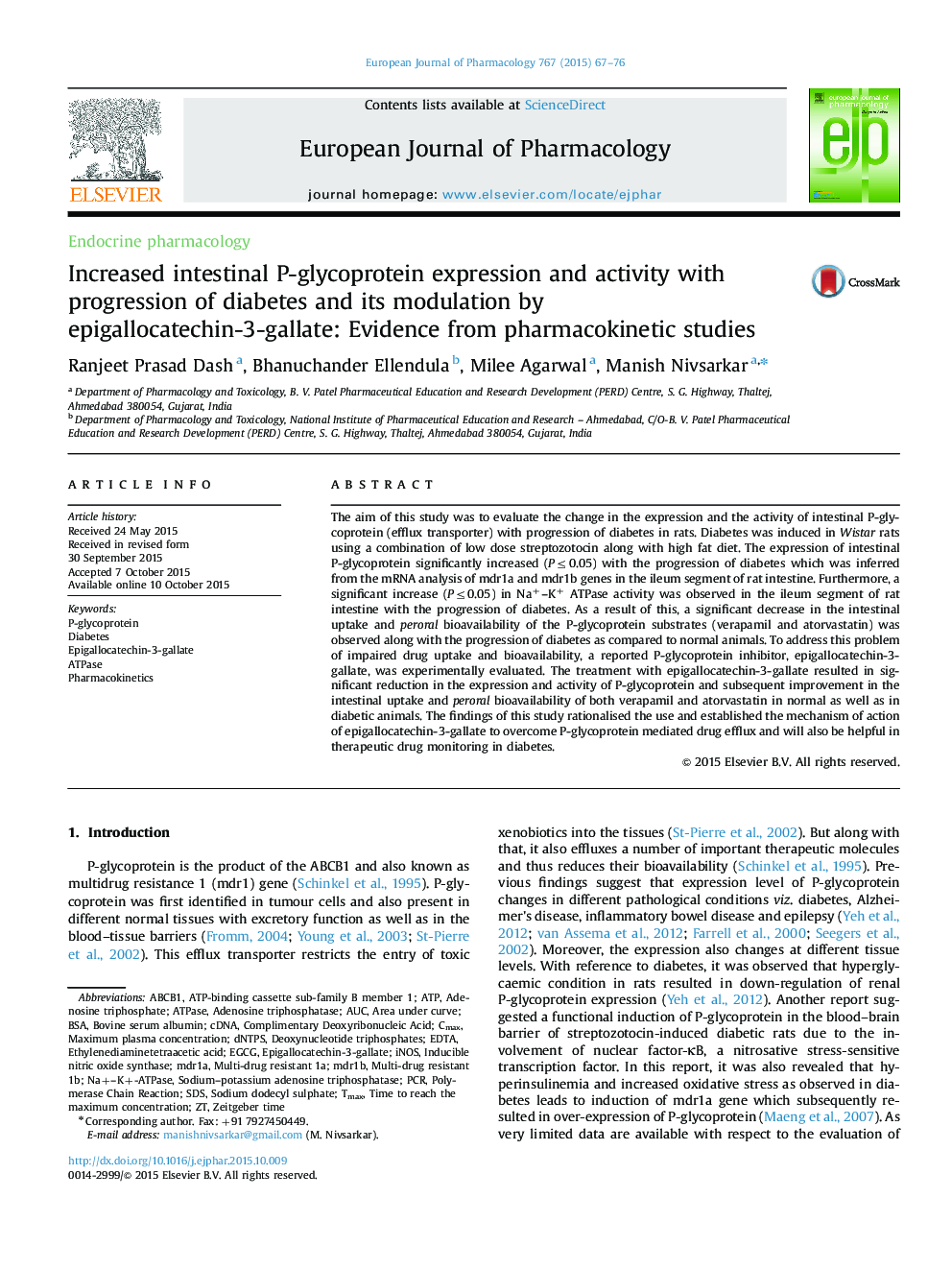 Increased intestinal P-glycoprotein expression and activity with progression of diabetes and its modulation by epigallocatechin-3-gallate: Evidence from pharmacokinetic studies