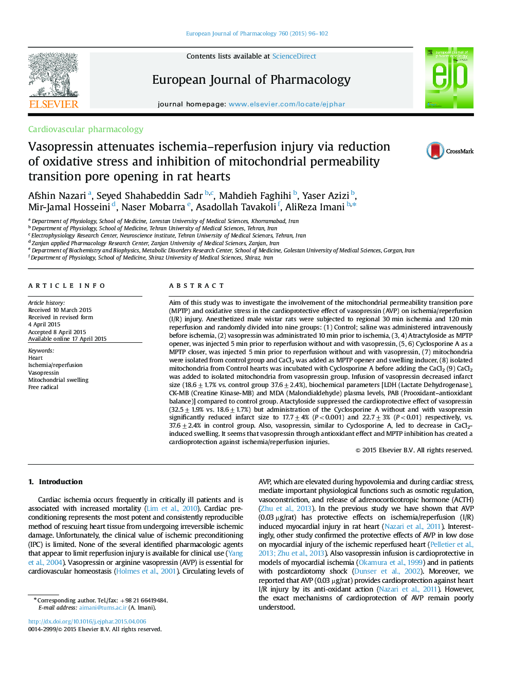 Vasopressin attenuates ischemia–reperfusion injury via reduction of oxidative stress and inhibition of mitochondrial permeability transition pore opening in rat hearts